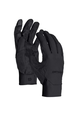 Paar schwarze Outdoor-Handschuhe mit strukturiertem Griff auf den Handflächen und Logo auf der Rückseite, für Aktivitäten bei kaltem Wetter entwickelt.