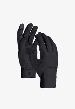 Paar schwarze Outdoor-Handschuhe mit strukturiertem Griff auf den Handflächen und Logo auf der Rückseite, für Aktivitäten bei kaltem Wetter entwickelt.