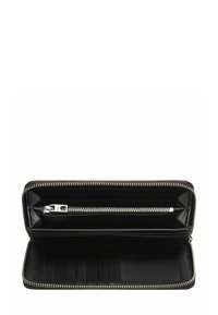 Czarny skórzany portfel z zamkiem na całym obwodzie, licznymi miejscami na karty oraz centralną przegrodą na zamek. Gładka faktura, minimalistyczny design.