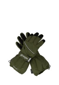 Vattentäta gröna handskar med svarta fingertoppar, elastisk handled, reflekterande detaljer och ZigZag-logotyp. Femfingerdesign för smidighet.