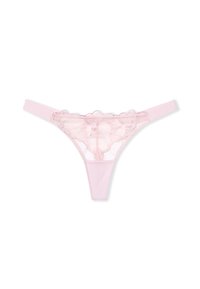 Perizoma in pizzo rosa con design floreale, caratterizzato da un retro trasparente e morbidi cinturini elastici, che enfatizzano gli accenti femminili e la delicata texture.