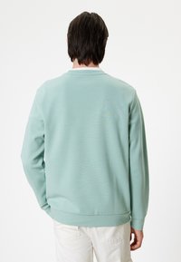 Sudadera verde menta con cuello redondo, mangas largas y un tejido texturizado. Sin patrones visibles ni detalles de hardware. Diseño sencillo.