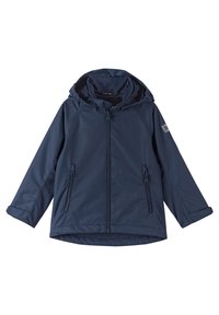 Giacca impermeabile blu navy con cappuccio, zip frontale, due tasche frontali e polsini a costine; tessuto liscio e leggero; cuciture rinforzate.