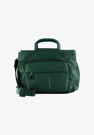 Green fabric bag with a textured surface. Features a top handle, adjustable strap, front zip pocket, and embossed logo.