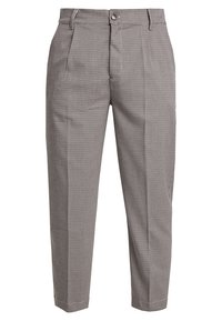 Gray checkered trousers featuring a relaxed fit, front pleats, and a button closure at the waist. Made from a textured fabric.