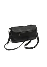 Borsa a tracolla nera in pelle, forma cilindrica, con una chiusura superiore con zip, tasca frontale, tracolla regolabile e superficie leggermente testurizzata.
