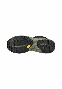 Suela de zapato negra y oliva con un patrón de tracción texturizado, un área de amortiguación central con un acento amarillo y material de goma duradero.