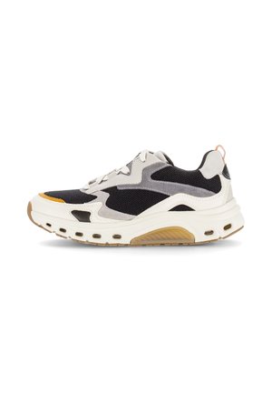 Black and gray sneaker with a mesh upper, suede accents, and a white midsole. Features a thick sole and orange detailing.