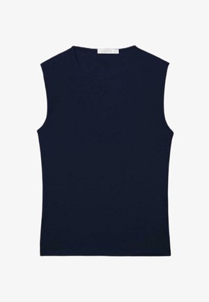 Top blu navy senza maniche con scollo tondo. Realizzato in tessuto elasticizzato morbido, presenta un design aderente e uno stile minimalista. Senza decorazioni.