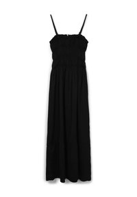 Schwarzes Maxikleid aus leichtem Stoff, mit gerafftem Oberteil, dünnen verstellbaren Trägern und einem fließenden Rock. Schlichte Gestaltung ohne Muster.