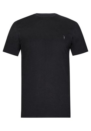 Zwart T-shirt met korte mouwen van katoen, voorzien van een ronde hals en een klein, geborduurd logo op de borst. Gladde textuur, eenvoudig ontwerp.