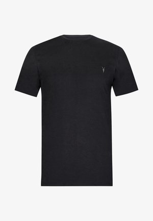 Zwart T-shirt met korte mouwen van katoen, voorzien van een ronde hals en een klein, geborduurd logo op de borst. Gladde textuur, eenvoudig ontwerp.