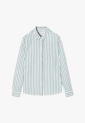 White button-up shirt with vertical green stripes, a classic collar, long sleeves, and a straight hem. Features plain white buttons.