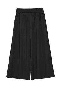 Pantaloni neri a gamba larga con una cintura elastica, tasche e un tessuto liscio e leggero. Presentano un design ampio e fluido.