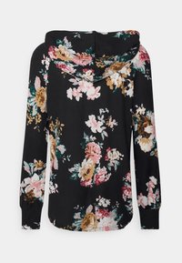 Svart hoodie med blommönster i rosa, vitt och guld. Har en framficka och en justerbar huva. Långa ärmar med ribbade ärmslut.