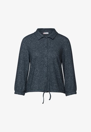 Dunkelgraues Hemd mit Kragen, langen Ärmeln und elastischen Bündchen. Verfügt über einen Kordelzugsaum und einen strukturierten Stoff.