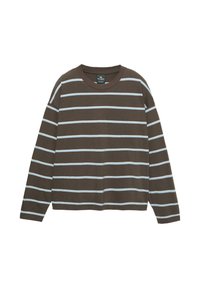 Bruine langslijfshirt met lichtblauwe horizontale strepen. Heeft een ronde hals en is gemaakt van zacht, gestructureerd katoen. Minimalistisch ontwerp.