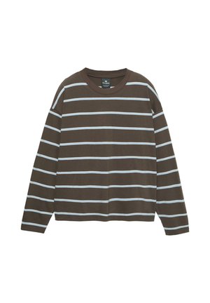 Hnedá dlhá rukávová košeľa s svetlo modrými horizontálnymi pruhmi. Má okrúhly výstrih a jemnú, textúrovanú bavlnenú látku. Minimalistický dizajn.