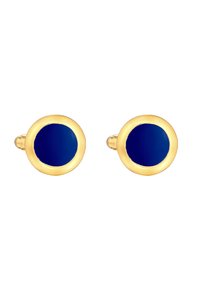 Goldfarbene Manschettenknöpfe mit rundem Design und einer zentralen Einlage aus blauer Emaille. Glatte Oberfläche und polierte Kanten.