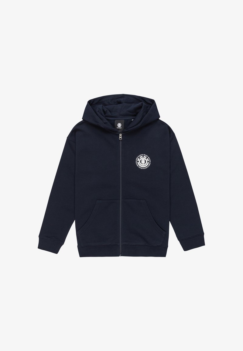 Veste à zip bleu marine avec un logo sur le devant, deux poches latérales et une capuche avec cordon de serrage. Fabriquée en tissu en coton doux avec des poignets côtelés.