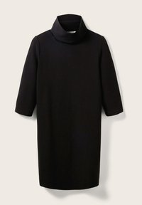Robe noire longueur genou avec manches trois-quarts et col roulé haut, présentée sur un fond uni clair.