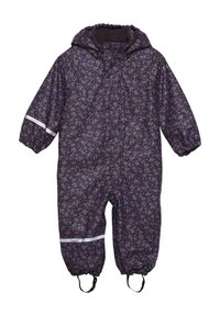 Tmavě fialový celotělový overal odolný proti vodě s květinovým vzorem v růžové a modré barvě. Má kapuci, zapínání na patenty a reflexní prvky na rukávech.