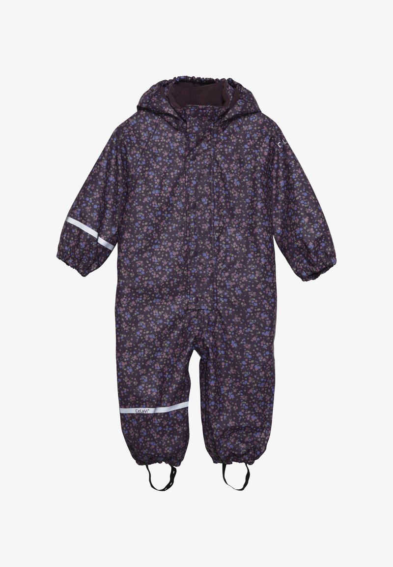Tmavě fialový celotělový overal odolný proti vodě s květinovým vzorem v růžové a modré barvě. Má kapuci, zapínání na patenty a reflexní prvky na rukávech.