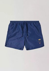 Pantaloni da bagno blu navy realizzati in materiale leggero, dotati di una vita elastica con cordino e di un dettaglio del logo dorato sul lato.