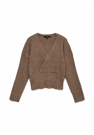 Pull en maille côtelée marron, style cache-cœur, avec col en V et manches longues, conçu pour une taille ajustée et des épaules décontractées.