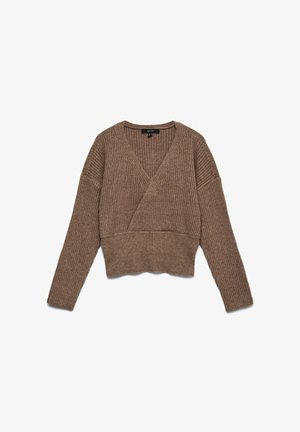 Bruin geribd gebreide wikkeltrui met V-hals en lange mouwen, ontworpen voor een getailleerde pasvorm en een ontspannen schouderaanzicht.