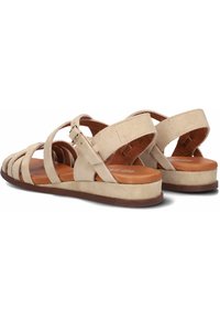 Beige suède sandalen met meerdere gekruiste banden, verstelbare enkelsluiting en een platte bruine zool, met een gladde textuur en casual ontwerp.