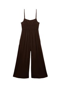 Brown jumpsuit with spaghetti straps, ruched bodice, wide-leg design, and a smooth texture, featuring a solid color without patterns.