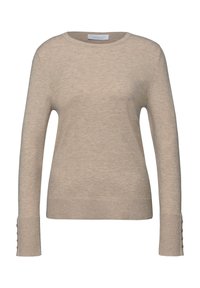 Pull en maille beige à manches longues, col rond, avec des boutons décoratifs aux poignets. Texture douce avec ourlet et poignets côtelés. Design simple.