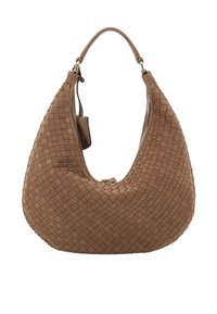 Brown suede hobo bag with woven pattern and a single handle. Features a zip closure and a smooth, textured surface.
