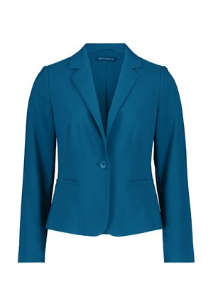 Blazer teal avec un design ajusté, revers crantés, fermeture à bouton et deux poches avant. Texture lisse, coupe cintrée, adapté aux occasions formelles.