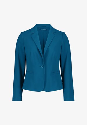 Blazer teal con un design aderente, rever a punte, chiusura con bottone e due tasche frontali. Tessuto liscio, vestibilità su misura, adatto per occasioni formali.