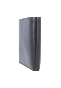 Black leather wallet with a smooth texture, rectangular shape, and stitched edges. Features a slightly rounded bottom and sleek design.