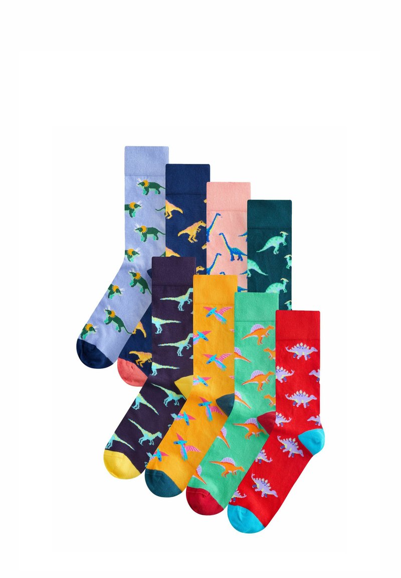 Ein Set aus acht bunten Socken mit verschiedenen Dinosaurier-Mustern. Die Materialien sind weich, mit lebendigen Farben wie Blau, Pink, Grün und Rot.