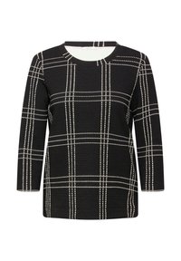 Schwarzes Langarmshirt aus strukturiertem Stoff mit weißem Karomuster und gepunkteten Akzenten. Rundhalsausschnitt mit entspannter Passform.