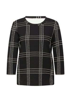 Czarny, long sleeve top z teksturowanym materiałem w biały wzór kratki i kropkami. Okrągły dekolt oraz luźny krój.