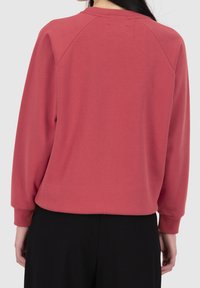 Sudadera con mangas raglán en color coral, confeccionada en tela suave; presenta un cuello redondo y puños acanalados, con un dobladillo ligeramente corto.