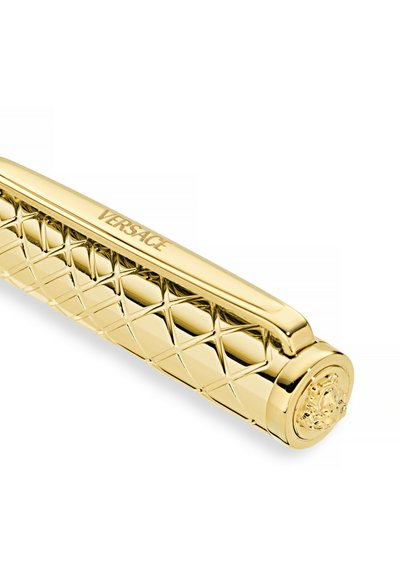 Olovka zlatne boje s uzorkom u obliku ćelija, ugraviranim Versace logotipom na klipu i Meduzinim amblemom na vrhu.