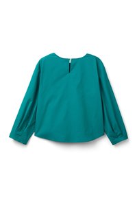 Blusa lunga teal a maniche lunghe con scollatura rotonda e spacco posteriore. Tessuto morbido, vestibilità rilassata e maniche arricciate con polsini.