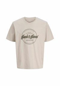Beige bomulds t-shirt med rund hals. Har en cirkulær logo i mørkegrøn og sort tekst på forsiden, med teksten "Jack & Jones."