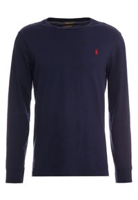 Maglietta a maniche lunghe blu marina in cotone, con scollatura rotonda e polsini a costine. Presenta un piccolo logo ricamato rosso sul lato sinistro del petto.