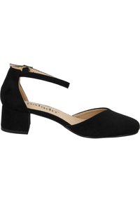 Zapatos de ante negro con tacón cuadrado y correa en el tobillo, punta afilada y un tacón bajo. Textura suave y detalles de diseño mínimos.