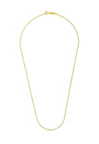 Collar de tono dorado con una cadena delgada y delicada adornada con pequeñas cuentas redondas, asegurado con un cierre simple. Diseño elegante y ligero.