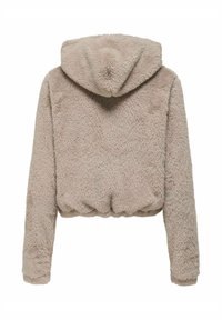 Veste courte à capuche en fausse fourrure beige doux, avec manches longues et ourlet froncé. La texture est duveteuse avec une finition moelleuse.