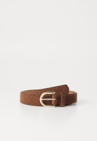 Cintura in pelliccia sintetica marrone con una texture liscia, dotata di una fibbia in metallo dorato e un design classico, adatta a vari outfit.