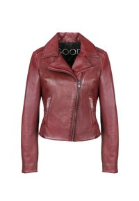 Burgundyröd lädermotorcykeljacka med dragkedja fram, spetsig krage och långa ärmar. Slät textur och figurnära design.